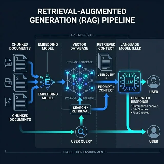 RAG pipeline from documents to vector database to LLM